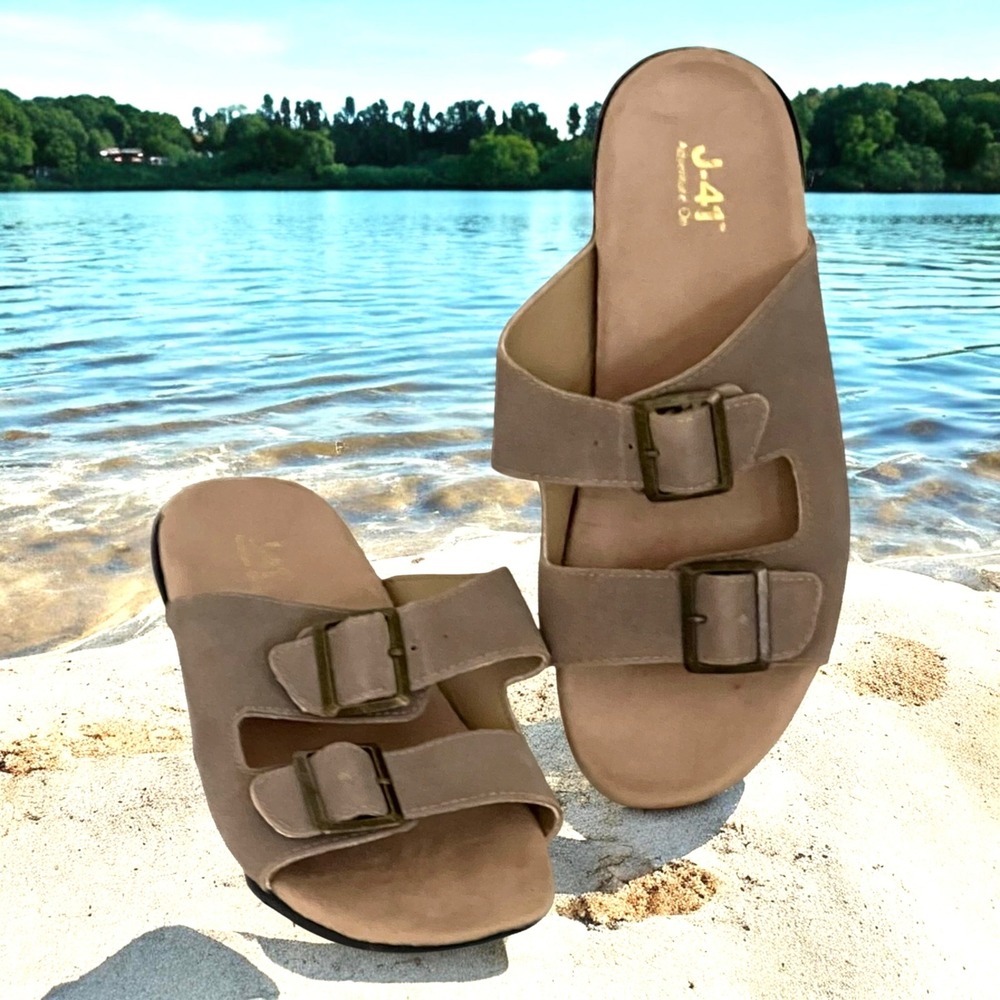J-41 Pingree Women 8.5M Taupe Leather Buckle Slide Sandals Adventure *See Note